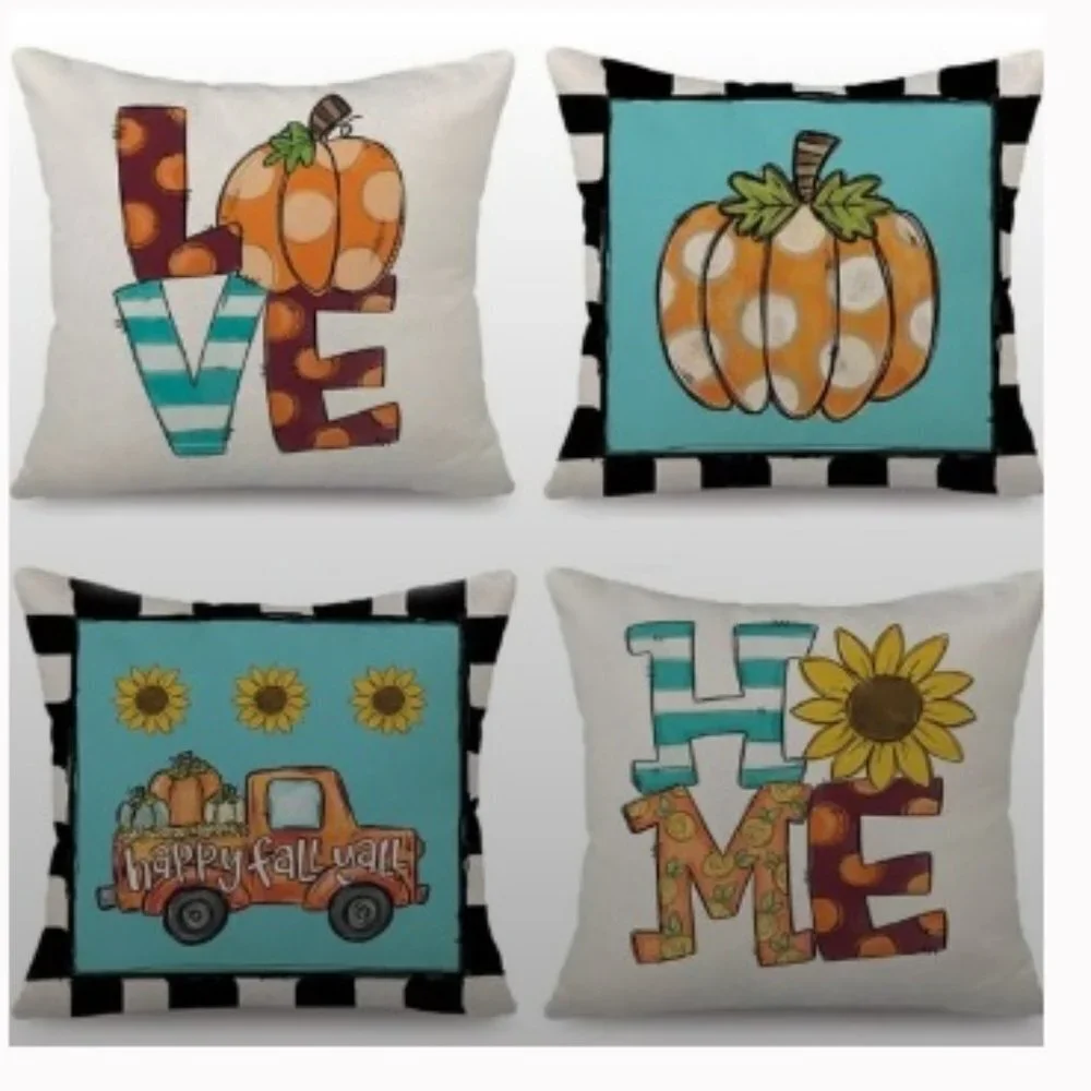 Set of 4 Love Home Pumpkin Autumn Farmhouse Pillow Covers
